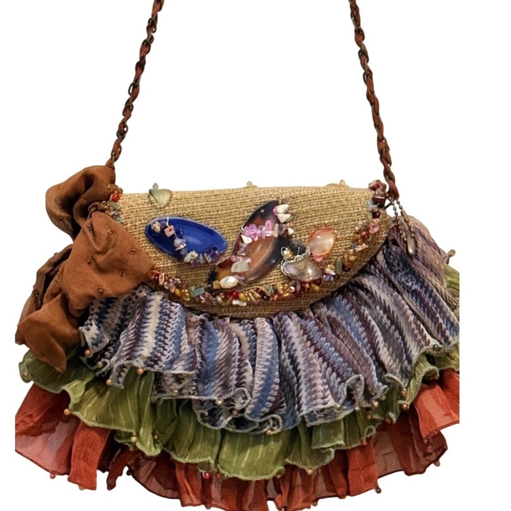 Mary Frances Multicolor Ruffled Beaded Shoulder Bag Vintage Boho Festival Fairy